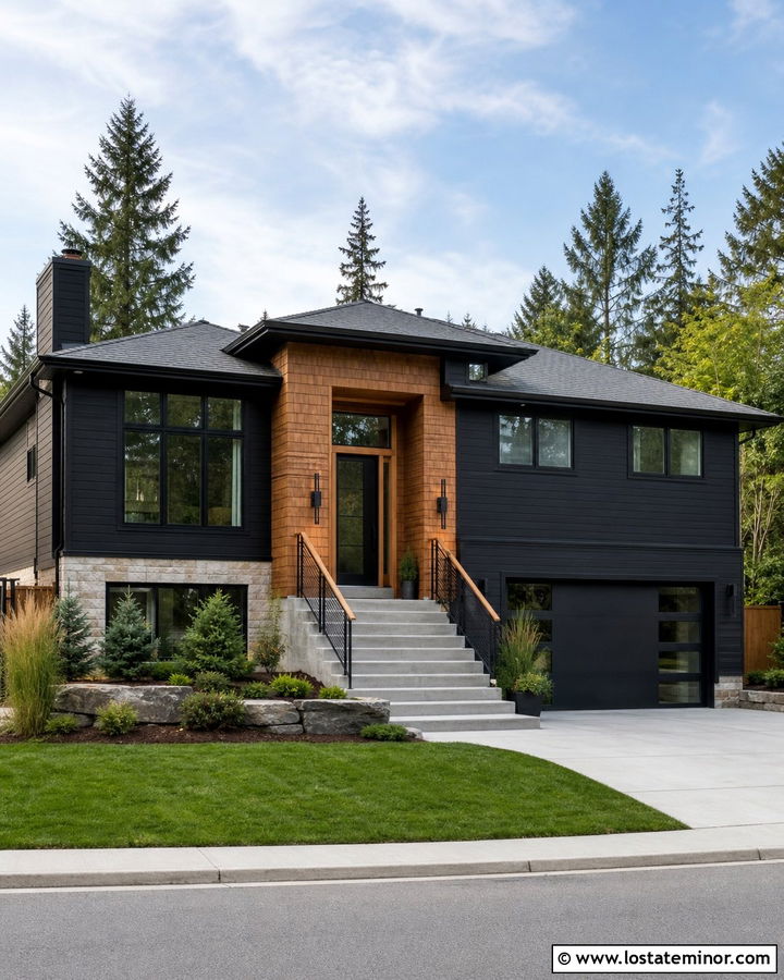 Black Split Level House With Cedar Shake Accent - 30 Black House Design With Cedar Shake Ideas