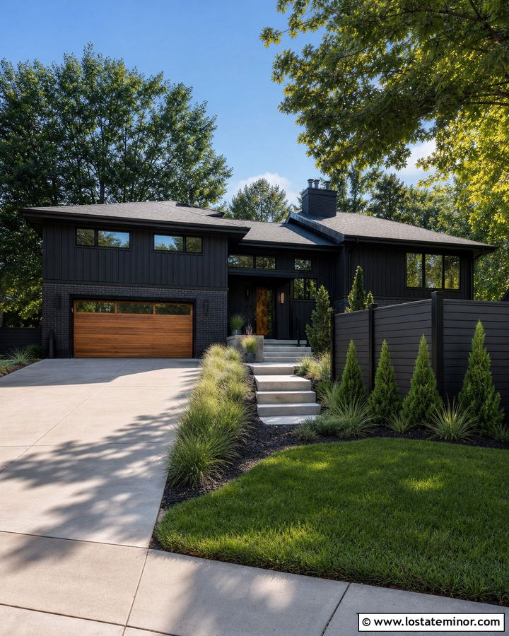 Black Split Level House With Composite Fence - 30 Black House Design With Fence Ideas