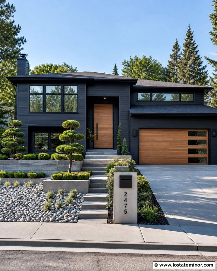 Black Split Level House With Concrete Mailbox - 30 Black House Design With Mailbox Ideas