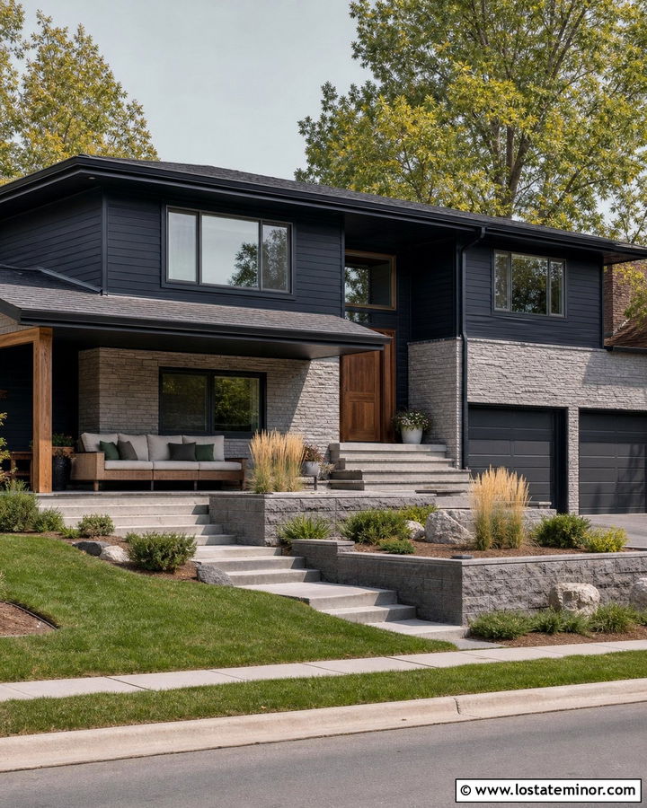 Black Split Level House With Corner Daybed - 30 Black House Design With Daybed Ideas