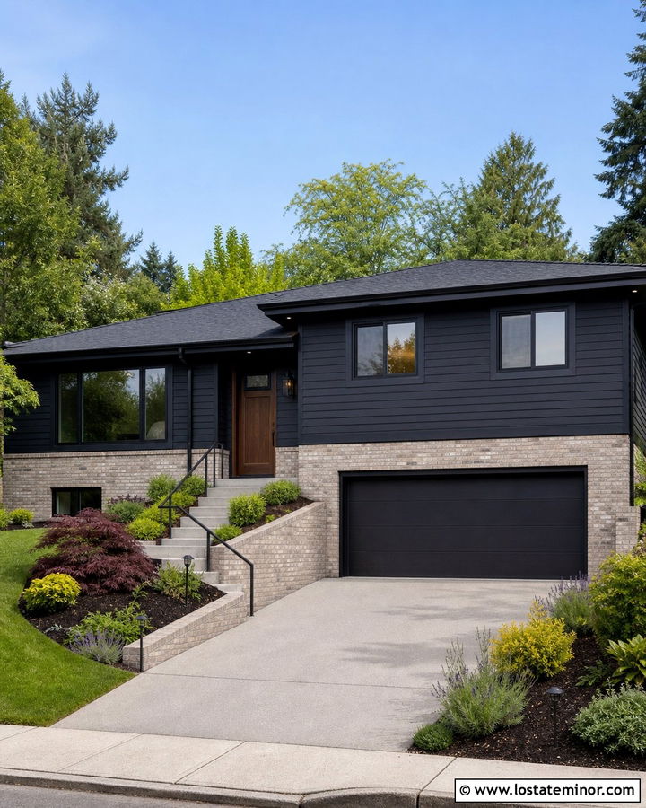 Black Split Level House With Cream Brick Wainscoting - 30 Black House Design With Wainscoting Ideas