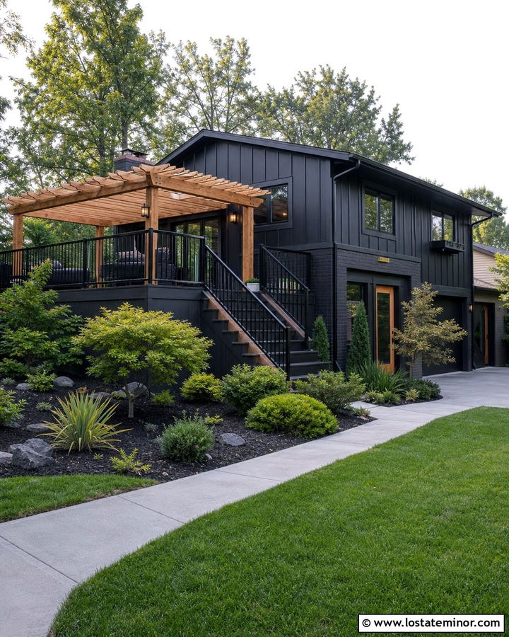 Black Split Level House With Deck Pergola - 30 Black House Design With Pergola Ideas