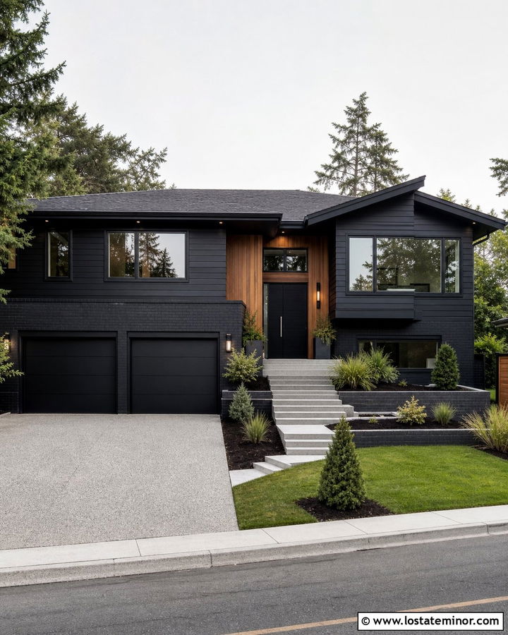 Black Split Level House With Exposed Aggregate Driveway - 30 Black House Design With Driveway Ideas