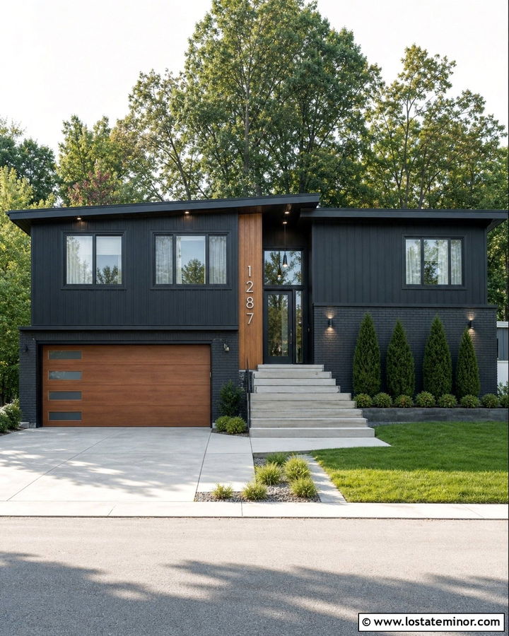 Black Split Level House With Floating House Numbers - 30 Black House Design With House Numbers Ideas