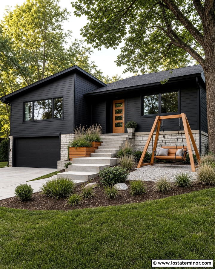 Black Split Level House With Freestanding Swing - 30 Black House Design With Swing Ideas