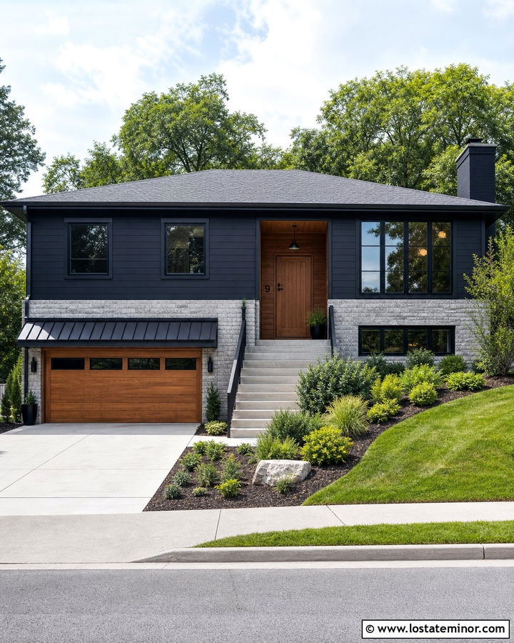 Black Split Level House With Garage Awning - 30 Black House Design With Awning Ideas