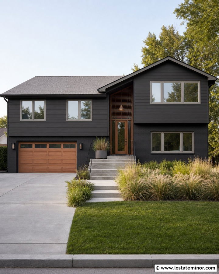 Black Split Level House With Gray Window Frames - 30 Black House Design With Window Frames Ideas