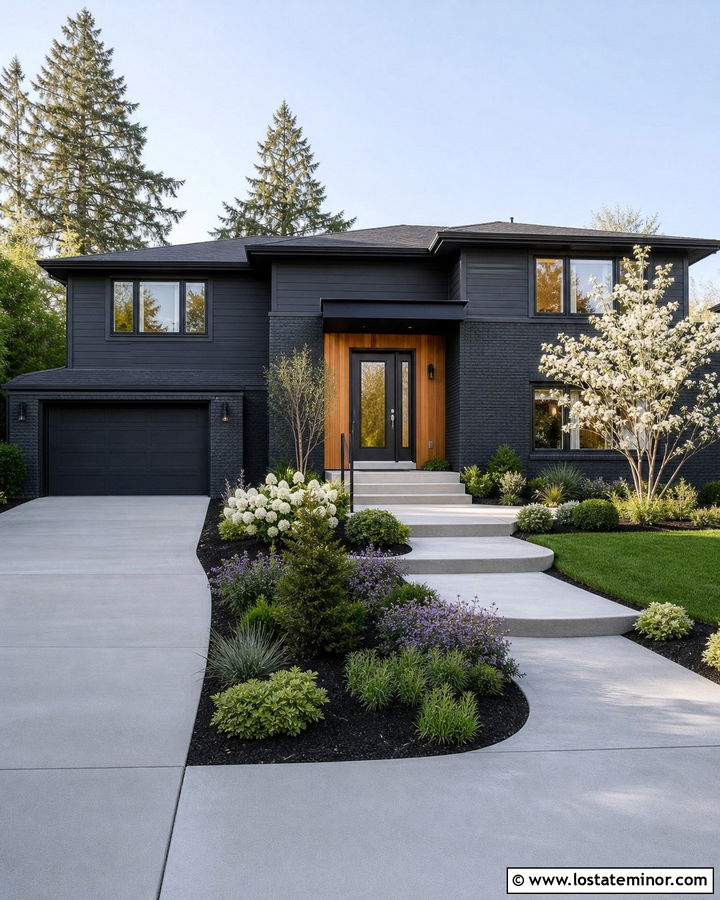 Black Split Level House With Layered Shrubs - 30 Black House Design With Landscaping Ideas