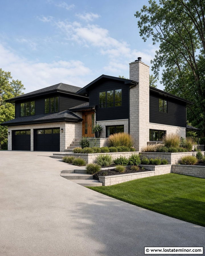 Black Split Level House With Limestone Chimney - 30 Black House Design With Chimney Ideas