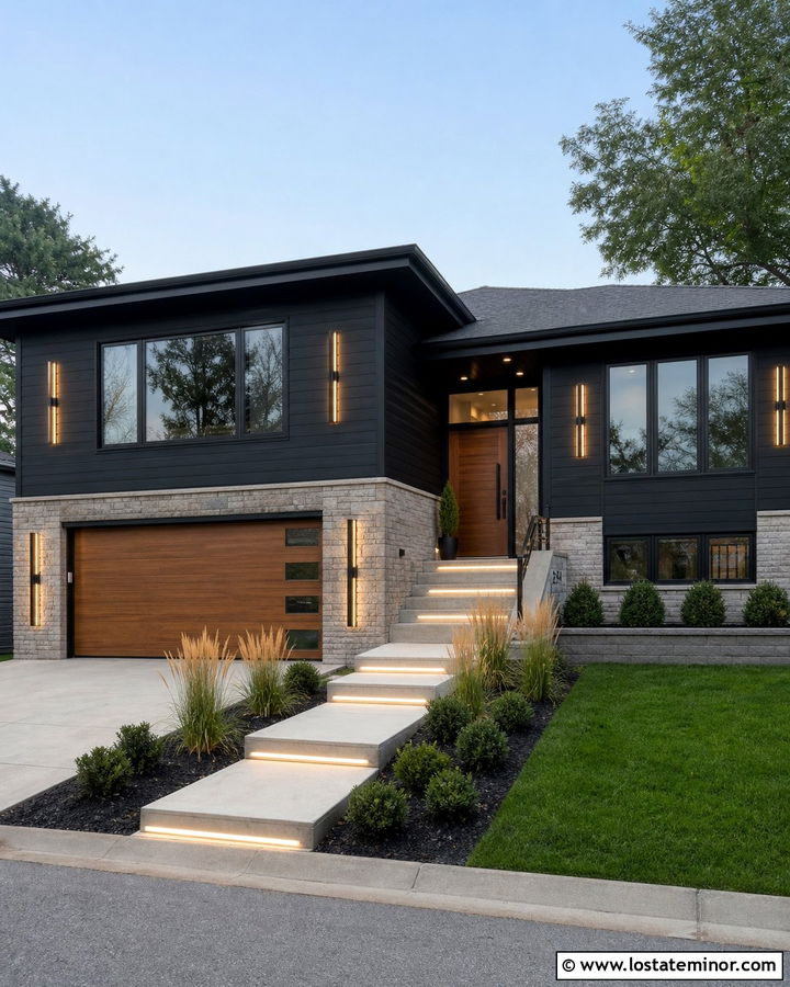 Black Split Level House With Linear Sconces - 30 Black House Design With Lighting Ideas