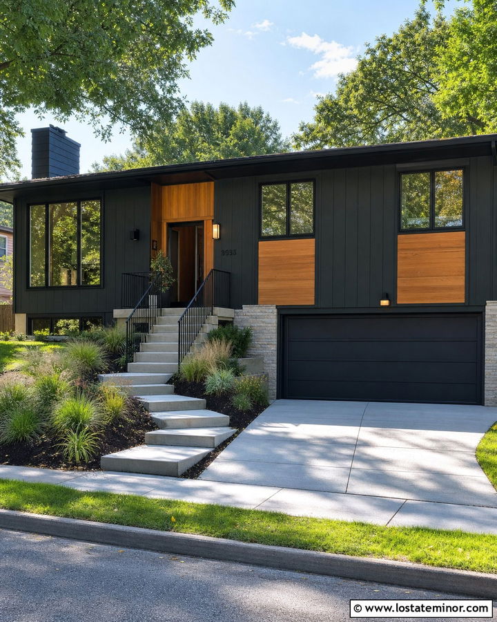 Black Split Level House With Metal Railings - 30 Black House Design With Railings Ideas
