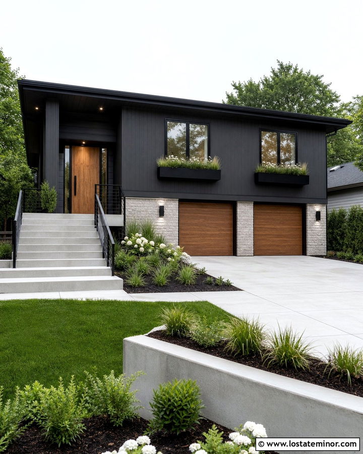 Black Split Level House With Modern Window Boxes - 30 Black House Design With Window Boxes Ideas