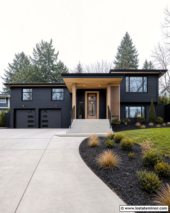 Black Split Level House With Oak Slat Porch Ceiling - 30 Black House Design With Porch Ceiling Ideas