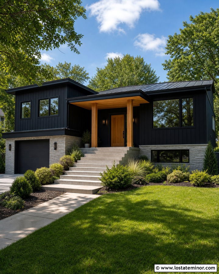 Black Split Level House With Portico - 30 Black House Design With Portico Ideas