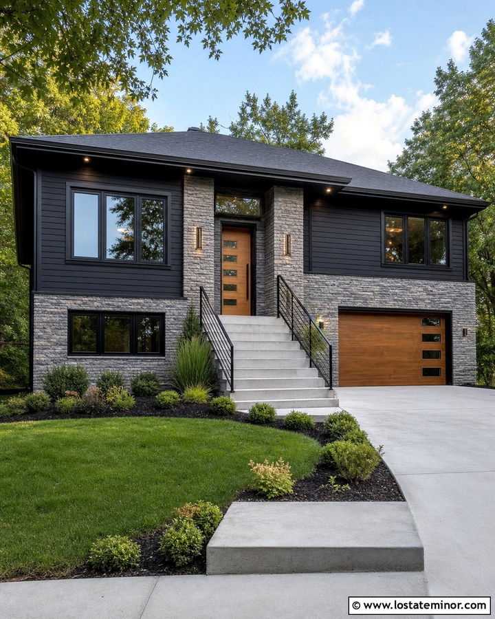 Black Split Level House With Stacked Stone - 30 Black House Design With Stone Accents Ideas