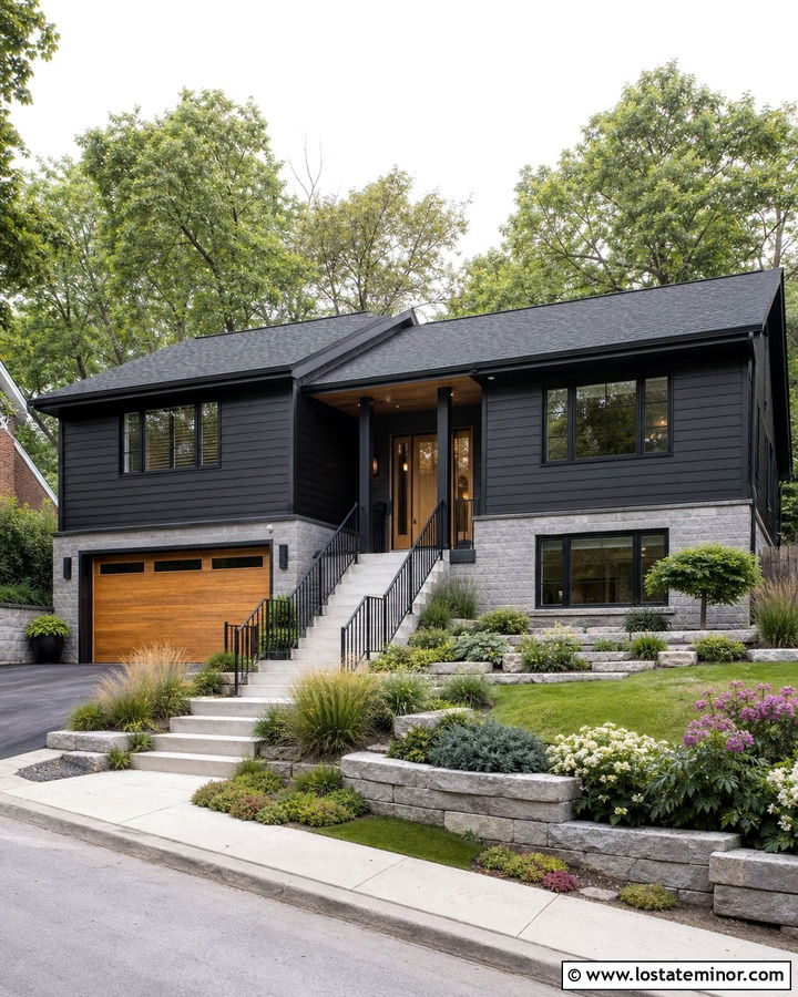Black Split Level House With Terraced Front Yard - 30 Black House Design With Front Yard Ideas
