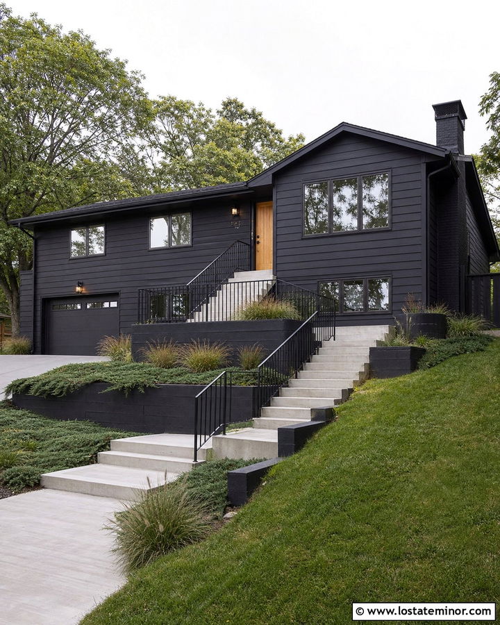 Black Split Level House With Terraced Steps - 30 Black House Design With Steps Ideas