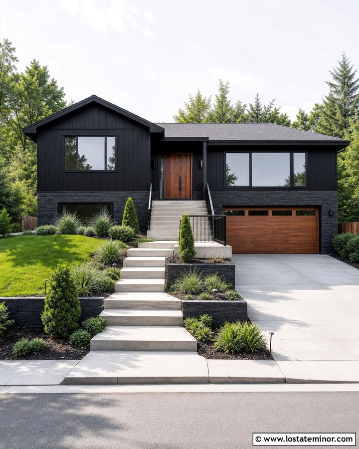 Black Split Level House With Tiered Walkway - 30 Black House Design With Walkway Ideas