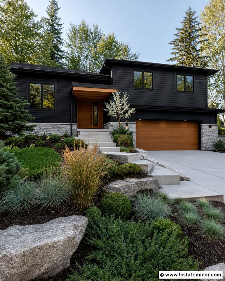 Black Split Level House With Wood Garage - 30 Black House Design With Siding Ideas