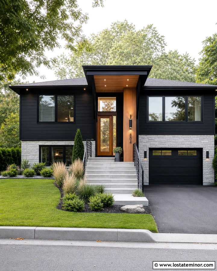 Black Split Level With Glass Entry Door - 30 Black House Design With Entry Door Ideas