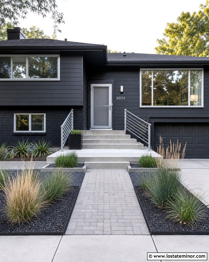 Black Split Level With Silver Storm Door - 30 Black House Design With Storm Door Ideas