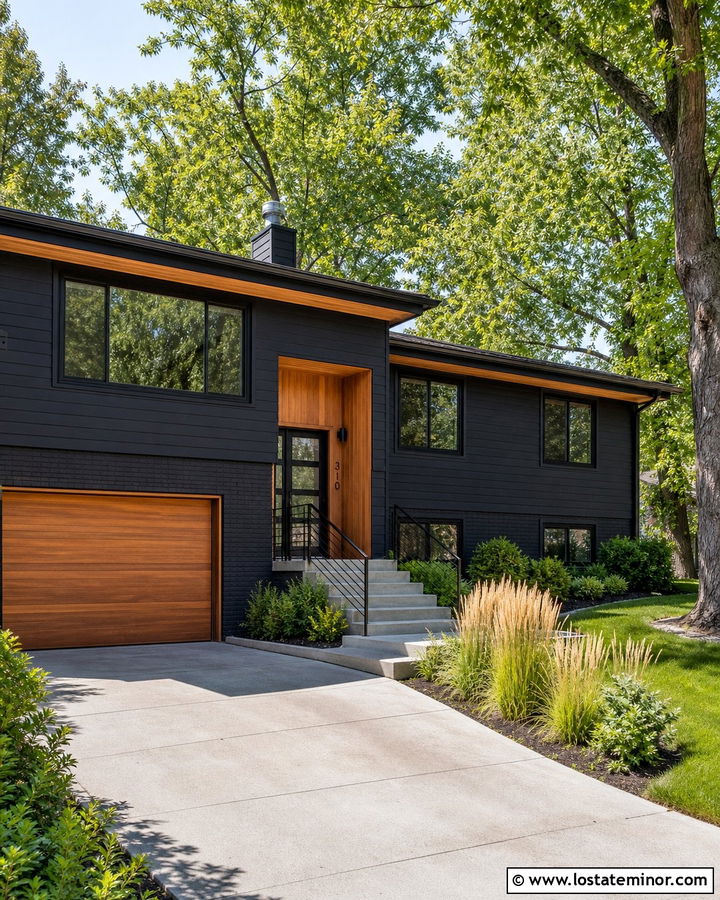 Black Split Level With Wood Trim - 30 Black House Design With Trim Ideas