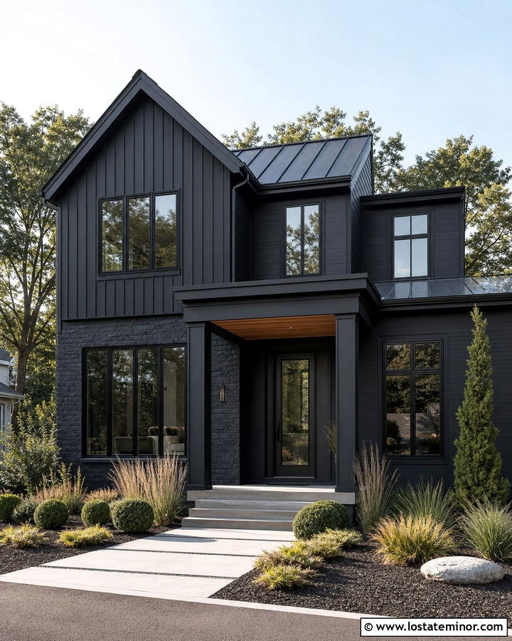 Black Stone House With Black Storm Door - 30 Black House Design With Storm Door Ideas