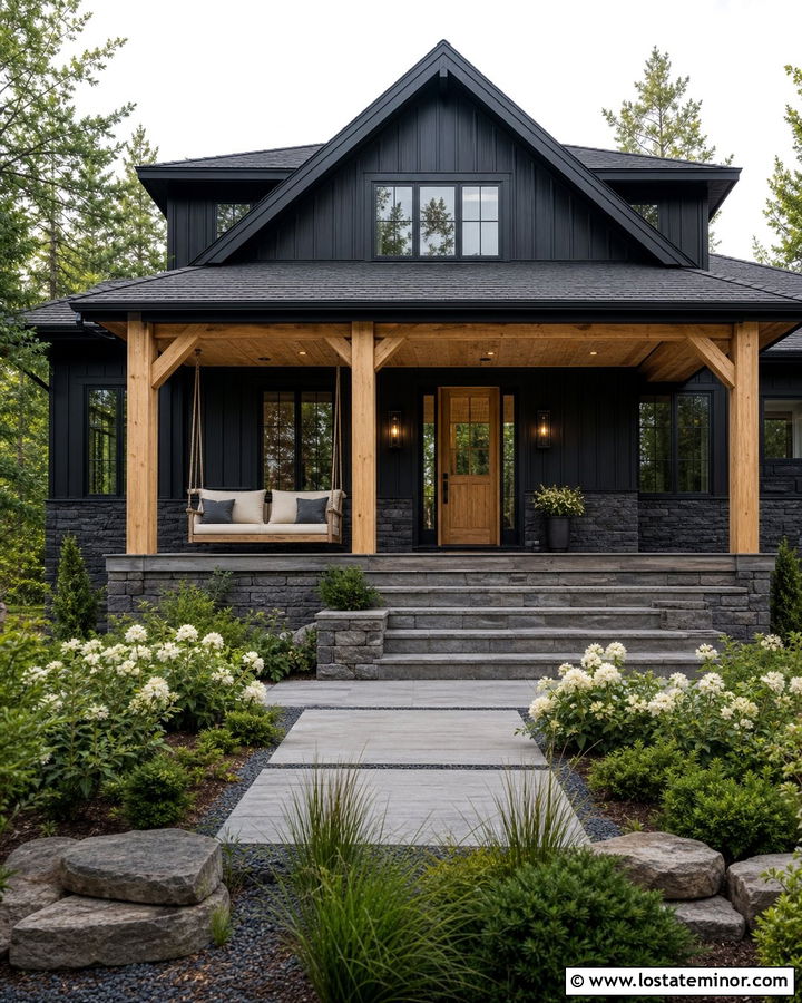 Black Stone House With Light Oak Swing - 30 Black House Design With Swing Ideas
