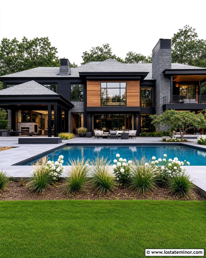 Black Stone House With Modern Pool - 30 Stone House Design With Swimming Pool Ideas
