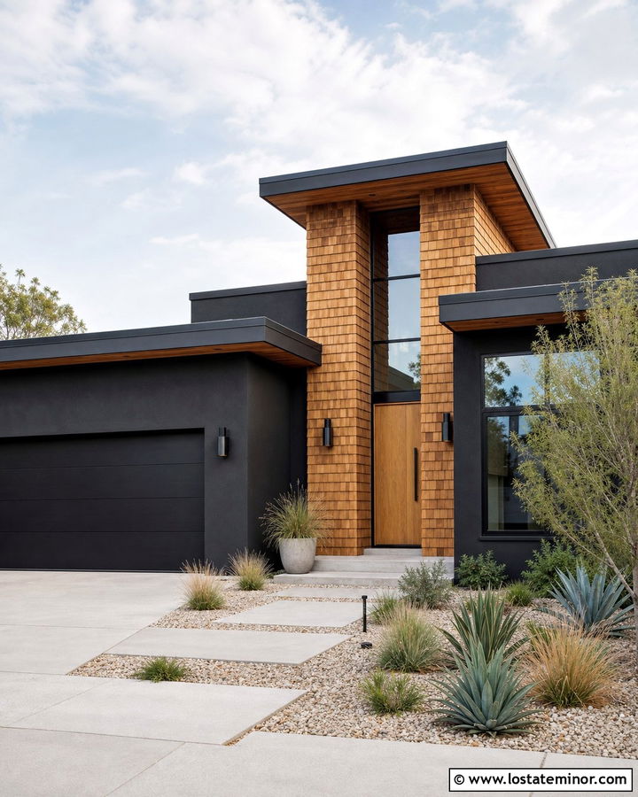 Black Stucco House With Cedar Shake Tower - 30 Black House Design With Cedar Shake Ideas