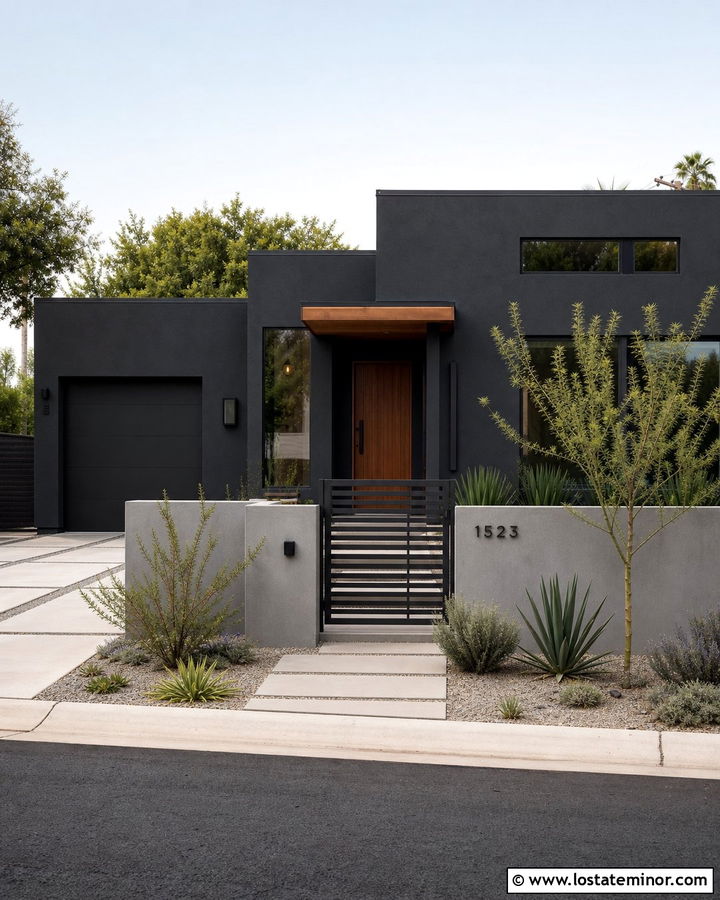 Black Stucco House With Concrete Wall And Slat Gate - 30 Black House Design With Fence Ideas