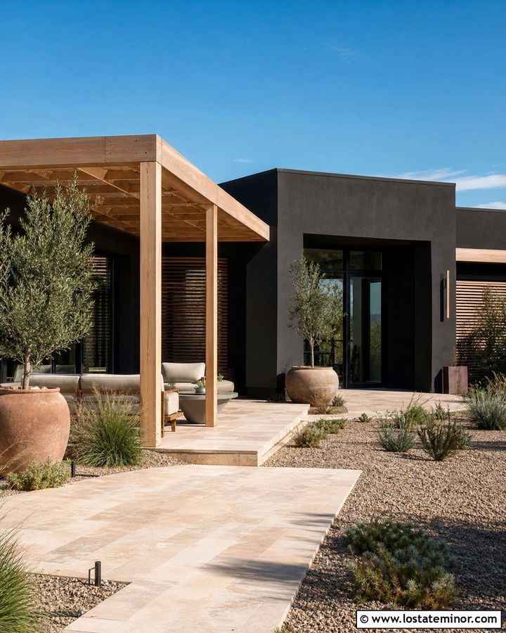 Black Stucco House With Courtyard Pergola - 30 Black House Design With Pergola Ideas