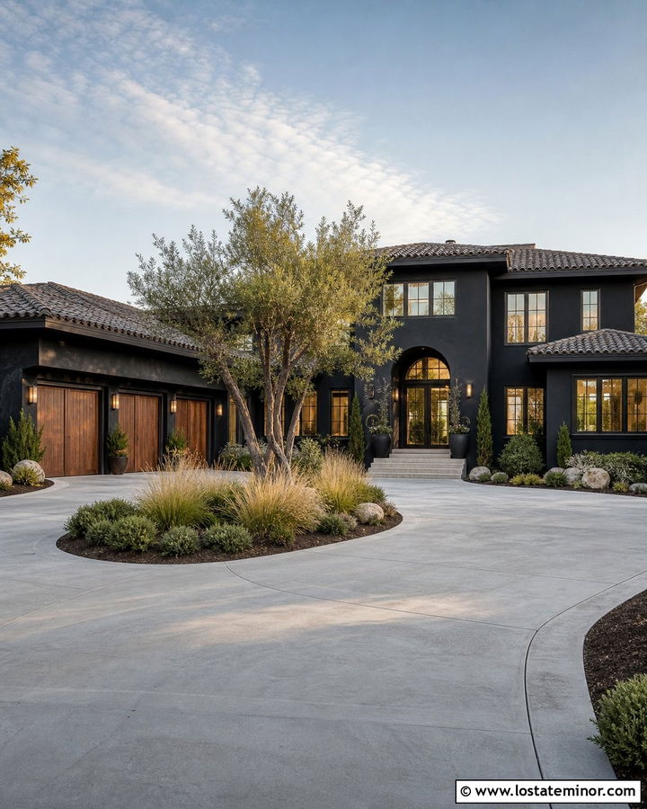 Black Stucco House With Curved Driveway - 30 Black House Design With Driveway Ideas