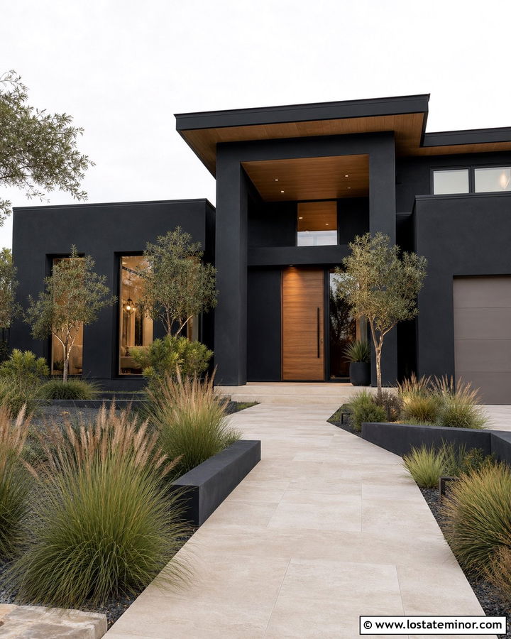 Black Stucco House With Cypress Porch Ceiling - 30 Black House Design With Porch Ceiling Ideas