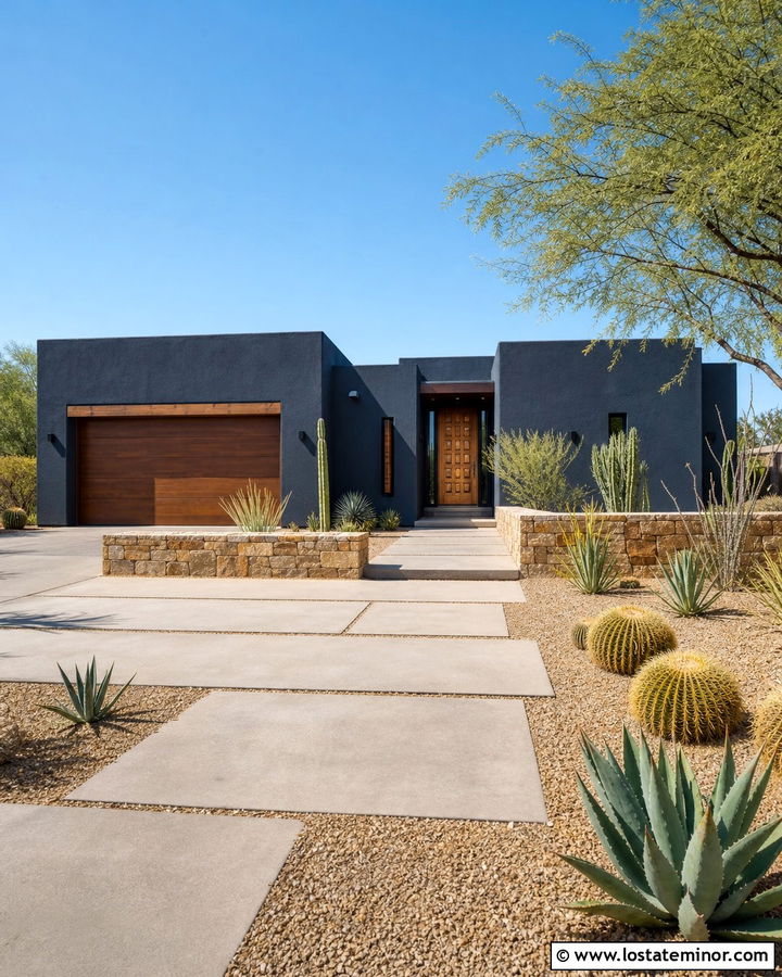 Black Stucco House With Desert Landscaping - 30 Black House Design With Landscaping Ideas