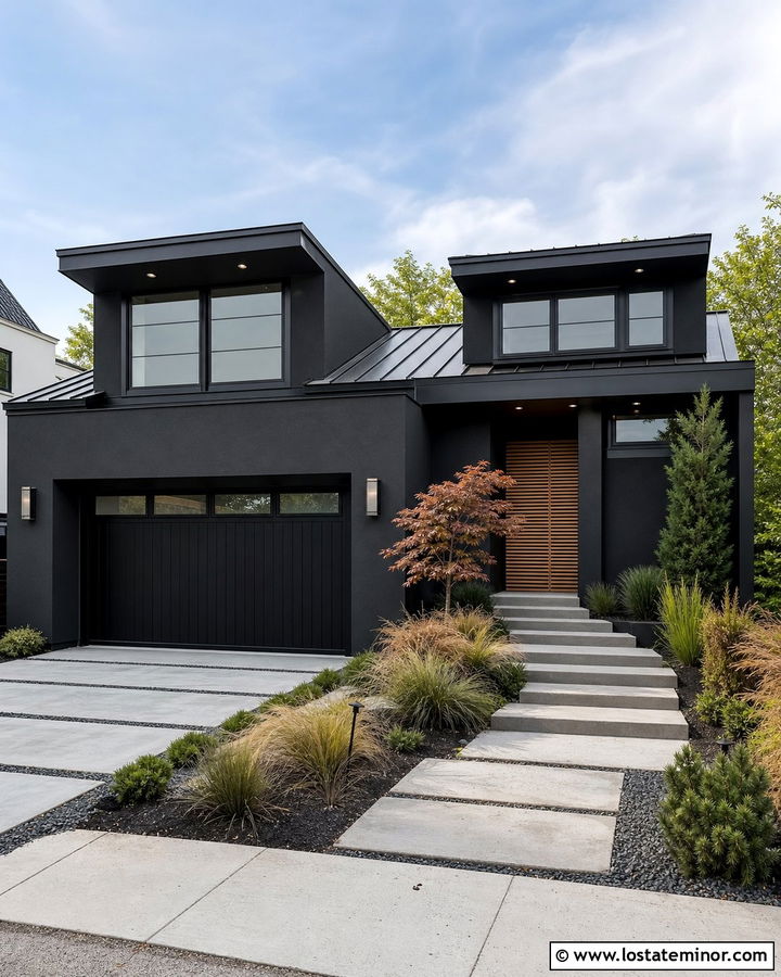 Black Stucco House With Flat Roof Dormers - 30 Black House Design With Dormers Ideas