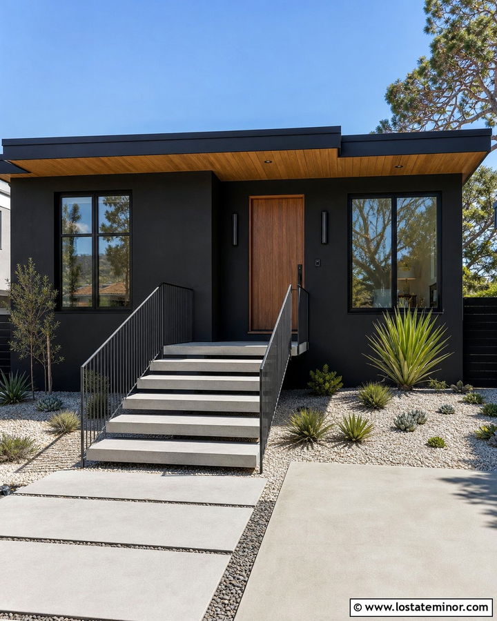 Black Stucco House With Minimal Railings - 30 Black House Design With Railings Ideas