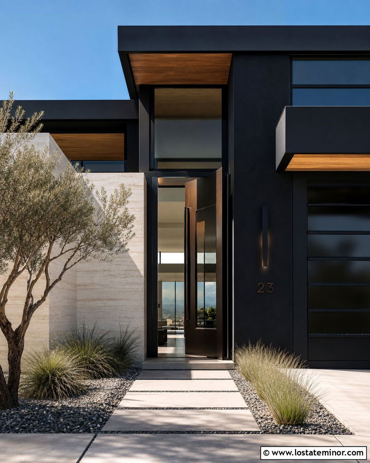 Black Stucco House With Steel Pivot Door - 30 Black House Design With Entry Door Ideas