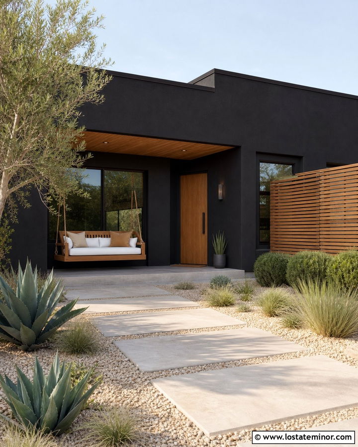 Black Stucco House With Teak Swing - 30 Black House Design With Swing Ideas