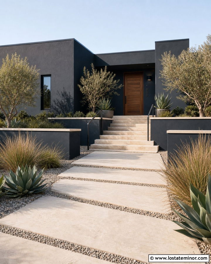Black Stucco House With Travertine Steps - 30 Black House Design With Steps Ideas