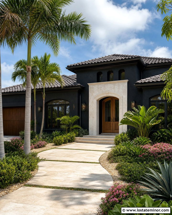 Black Stucco House With Tropical Front Yard - 30 Black House Design With Front Yard Ideas