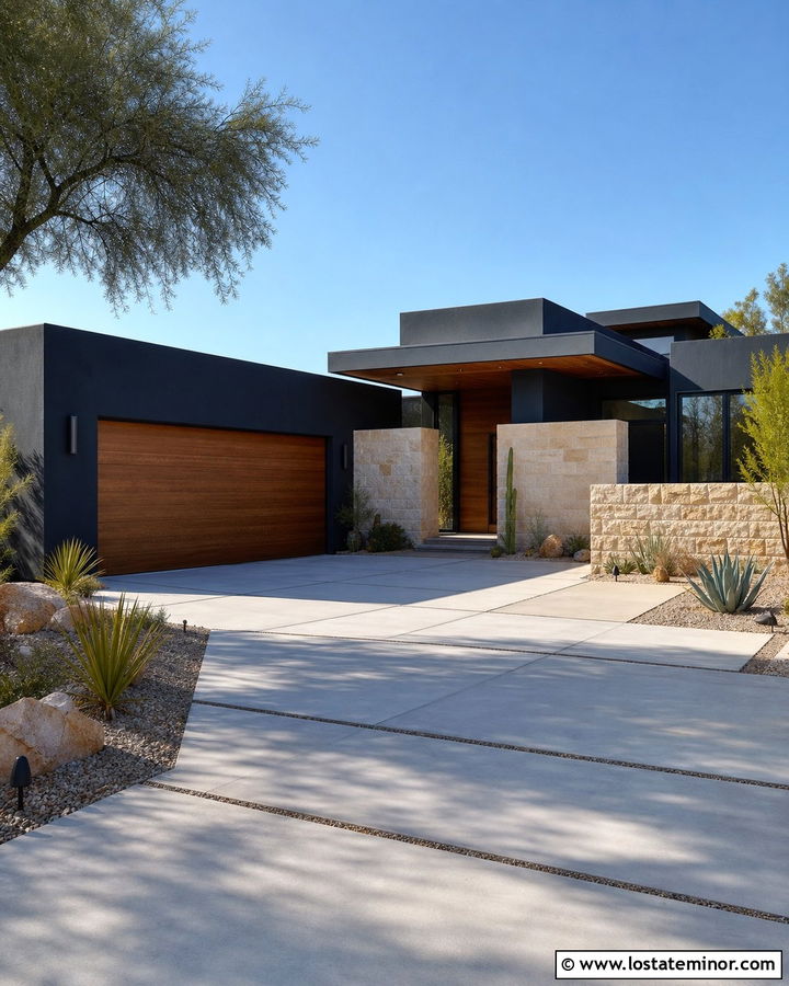Black Stucco House With Wood Look Garage Door - 30 Black House Design With Garage Door Ideas