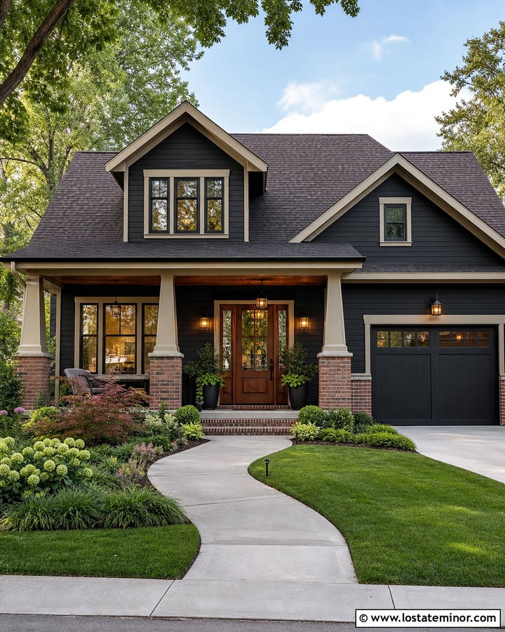 Black Suburban House With Brick Wainscoting - 30 Black House Design With Brick Accents Ideas