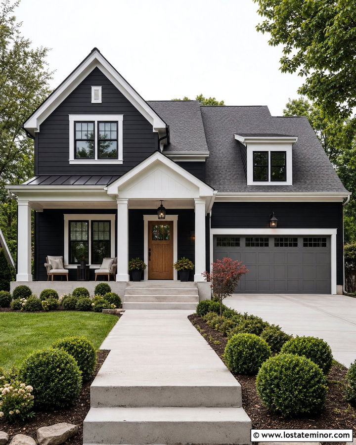 Black Suburban House With White Shiplap Porch Ceiling - 30 Black House Design With Porch Ceiling Ideas