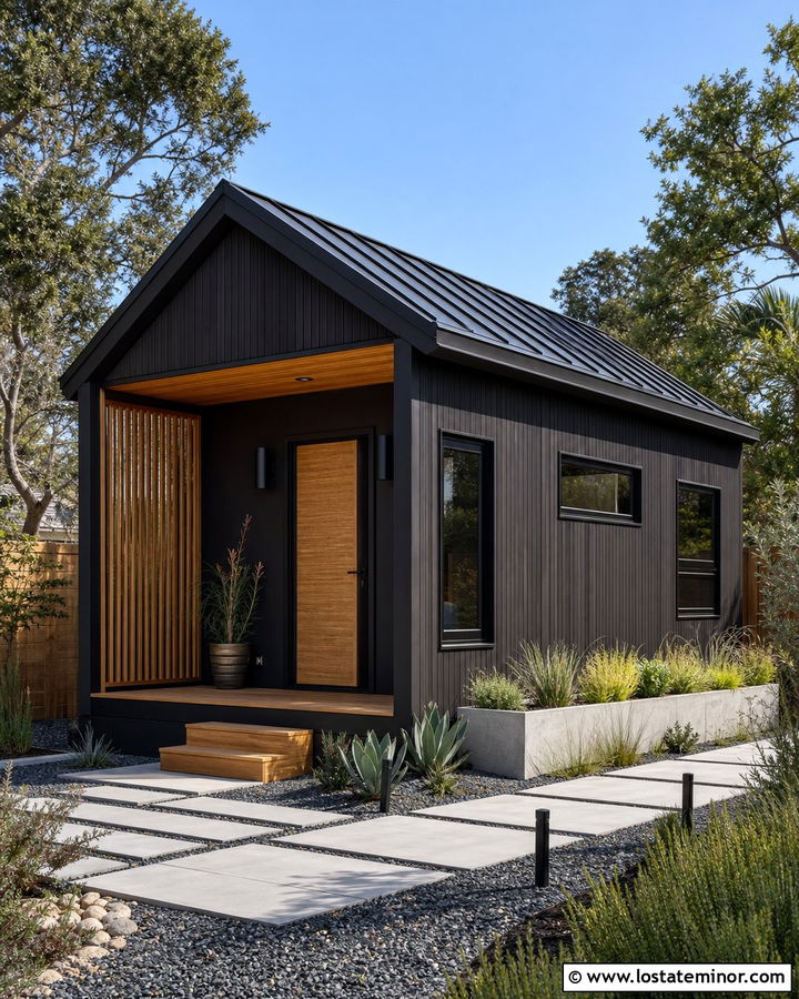 Black Tiny House With Bamboo Look Porch Ceiling - 30 Black House Design With Porch Ceiling Ideas