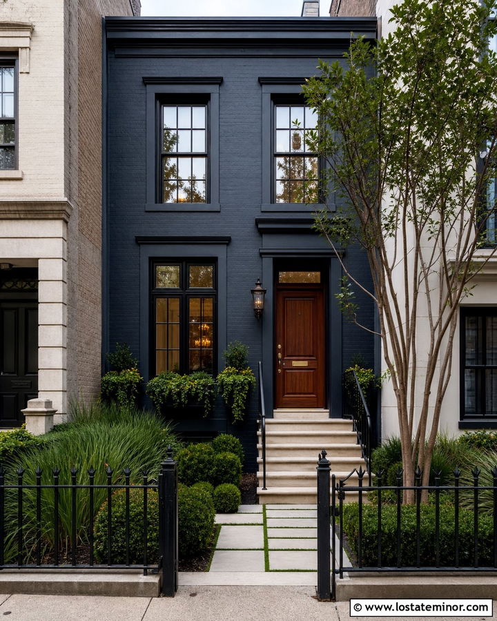 Black Townhouse With Compact Front Garden - 30 Black House Design With Front Yard Ideas