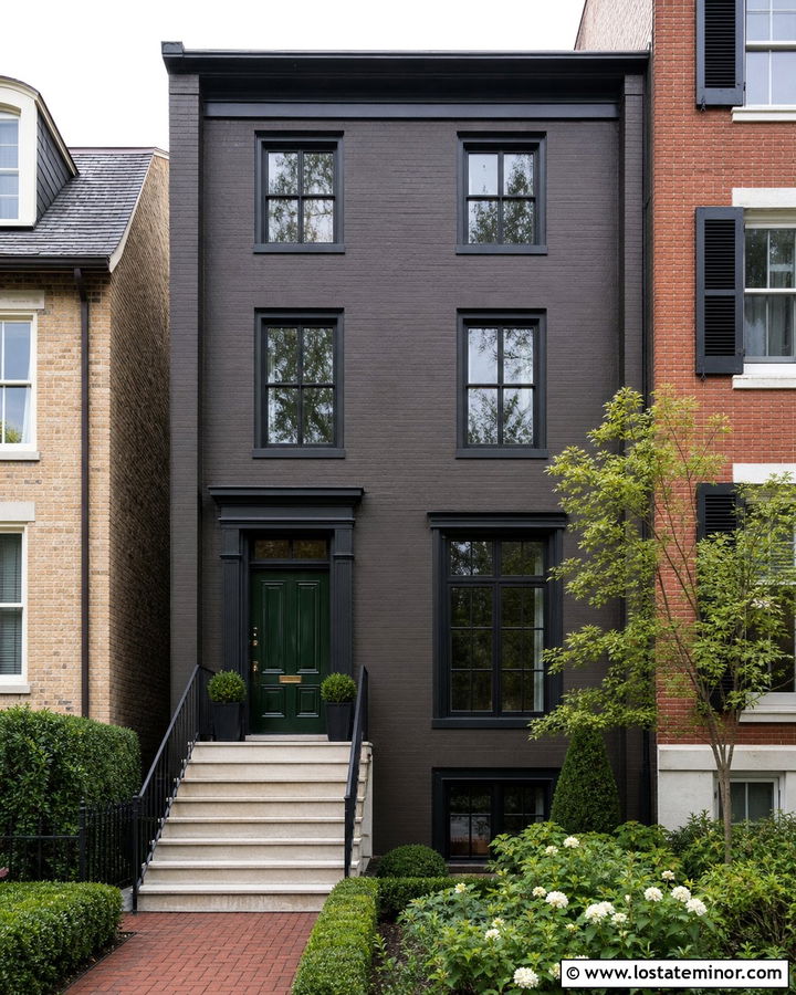 Black Townhouse With Narrow Front Steps - 30 Black House Design With Steps Ideas