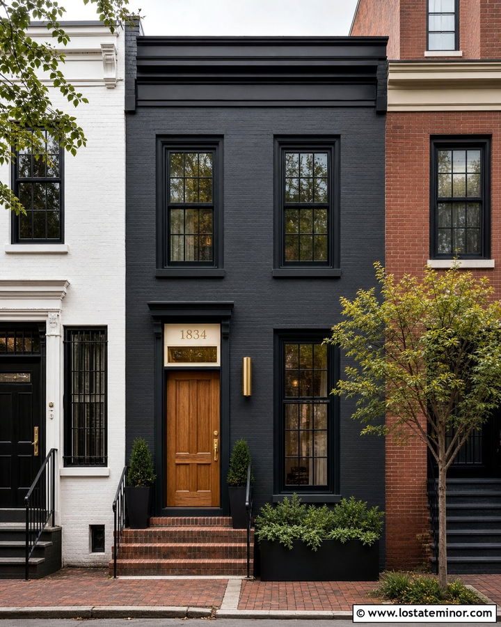 Black Townhouse With Numbers Above The Door - 30 Black House Design With House Numbers Ideas
