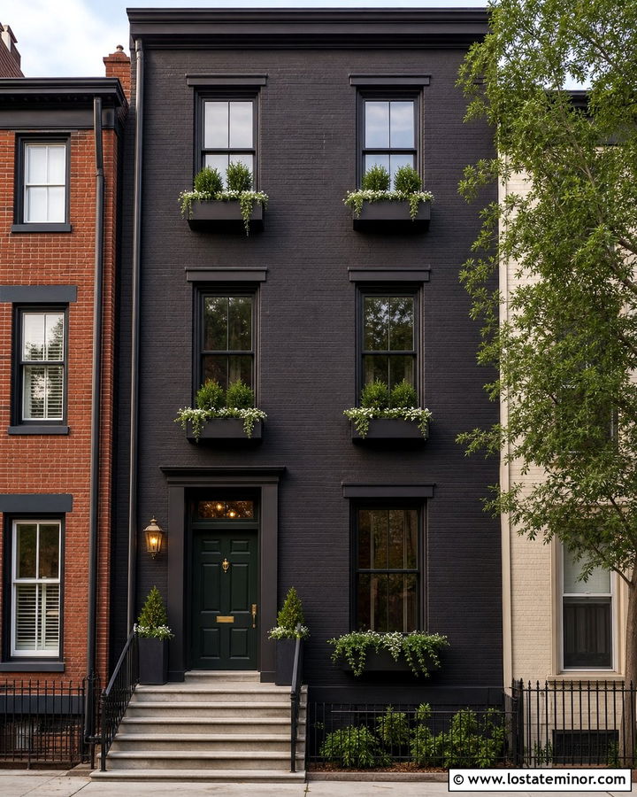 Black Townhouse With Slim Window Boxes - 30 Black House Design With Window Boxes Ideas
