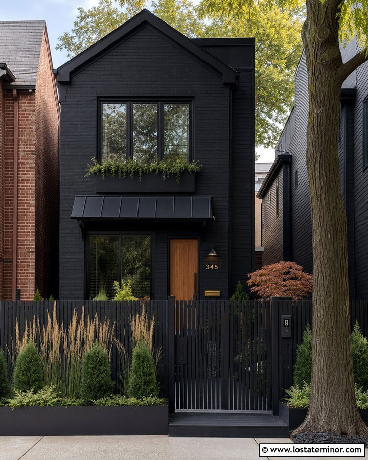 Black Townhouse With Vertical Slat Privacy Fence - 30 Black House Design With Fence Ideas